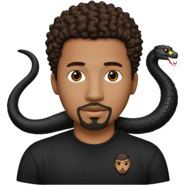 Homme noir, yeux marron avec un bouc menton, cheveux court et bouclé crépus avec un dégradé sur le côté, avec un cobra à côté , t-shirt noir  emoji