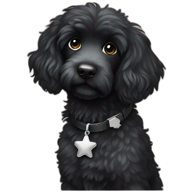 fully black aussie doodle with a silver star-shaped tag on its collar emoji