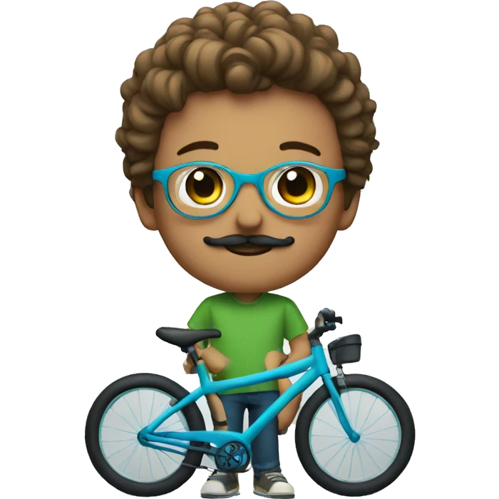 young boy with moustache, light brown air and glasses and a green-blue bike emoji