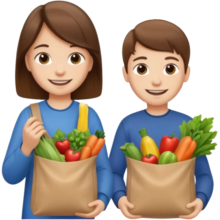 caucasian kids putting groceries in bags smiling brown hair emoji