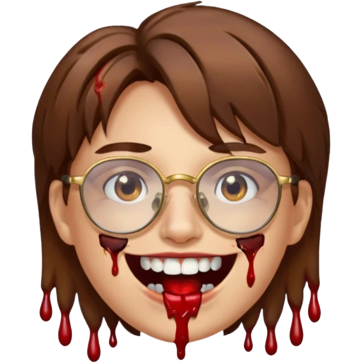 Cabelo bagunçado com oculos sorrindo com metade do rosto com dente de ouro e saindo sangue da boca  emoji