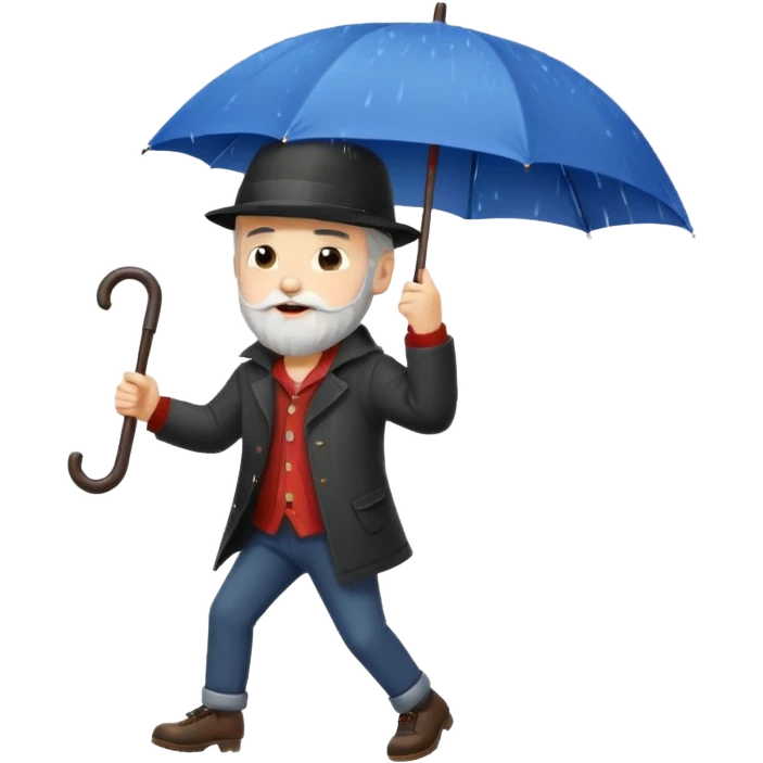 A dark-haired boy with a white beard dancing with an umbrella in the rain emoji