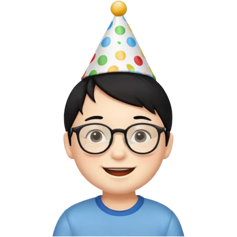 a little boy with black hair with birthday hat, wearing glasses 















 emoji