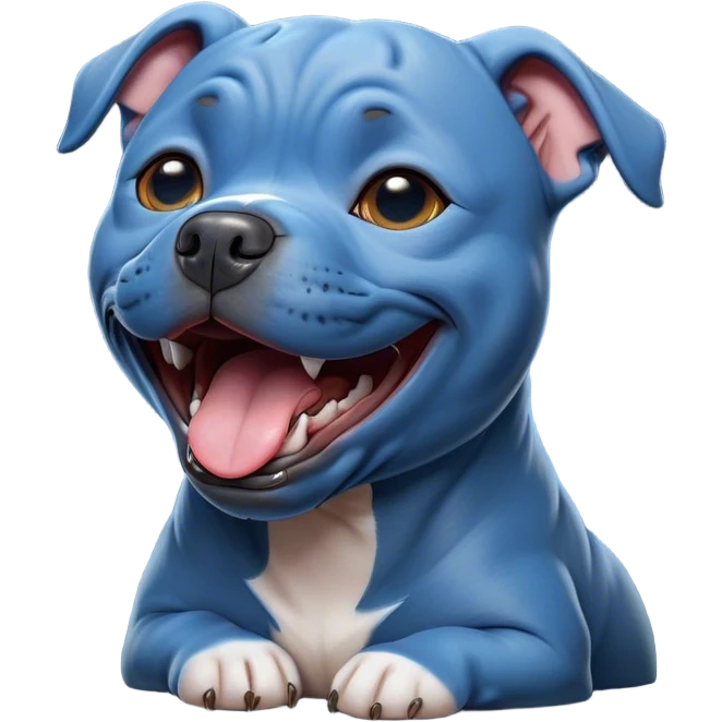 Cinematic Cute Yawning Blue Staffordshire Bull Terrier Portrait Emoji, Head tilted slightly with a dramatic, wide-open yawn, showcasing a smooth blue Fur with a refined texture, floppy ears slightly drooping, round dark eyes barely open in drowsy contentment, Simplified yet irresistibly adorable features, highly detailed, glowing with a soft, cozy glow, high shine, relaxed yet expressive, stylized with a touch of whimsy, bright and endearing, soft glowing outline, capturing the essence of a sleepy yet affectionate guardian, so drowsy it feels like it could stretch right out of the screen and curl up for a nap! emoji