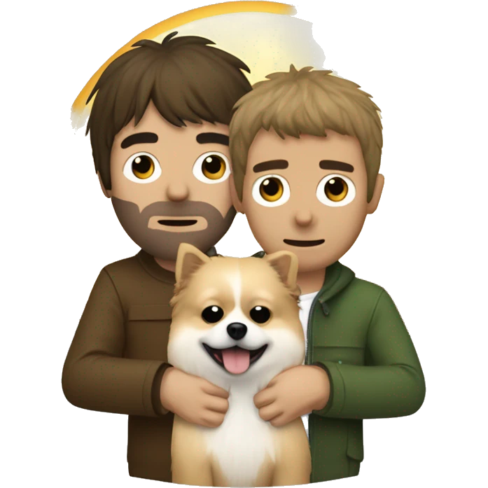 noel and liam gallagher hugging a pomeranian dog, noel is on the left and liam on the right emoji