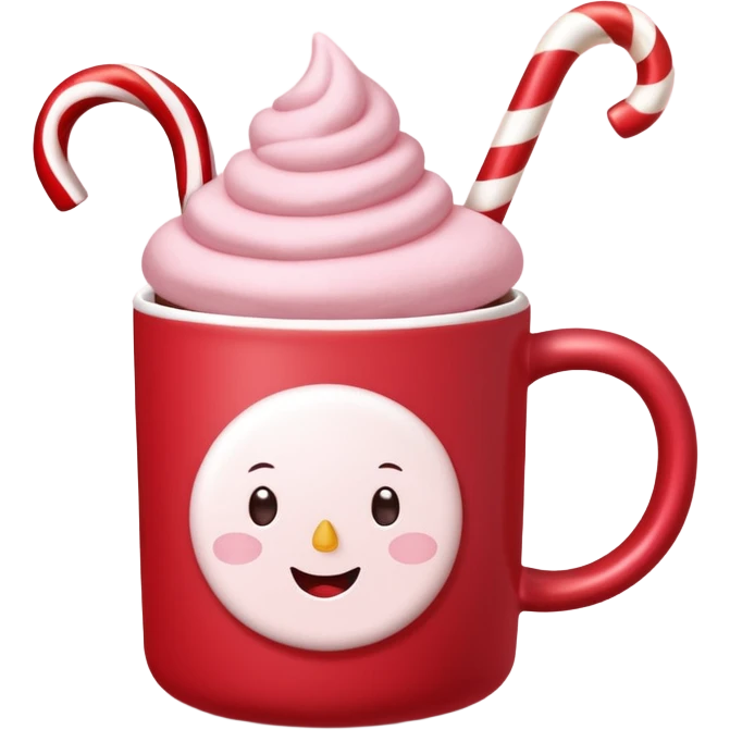 hot chocolate with pastel pink marshmallows in red christmas mug with stars and candy cane, trendy aesthetic emoji