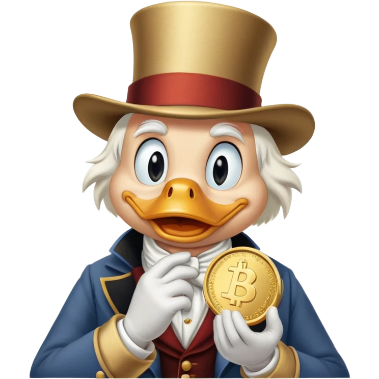 scrooge mcduck holding a coin and looking at it with loving eyes. emoji