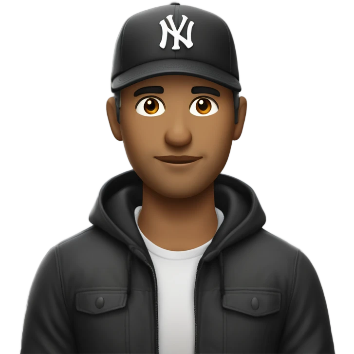 Homme blanc / 35 ans / cheveux courts noir / yeux en amande / viril / mal rasé / casquette yankee noir emoji