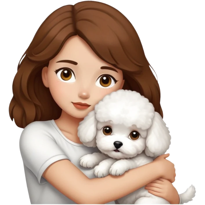 A beautiful olive skinned girl with brown hair, hugging 3 white bichon frise's emoji