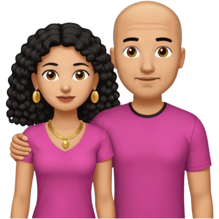A picture if a couple. the man is a Mexican man with tanned skin, black hair, a bald hair cut, short boxed beard, and with a black t-shirt on. the woman is mixed with black and white, with brown curly long hair, gold earrings, a gold necklace and a pink shirt on and big boobs emoji