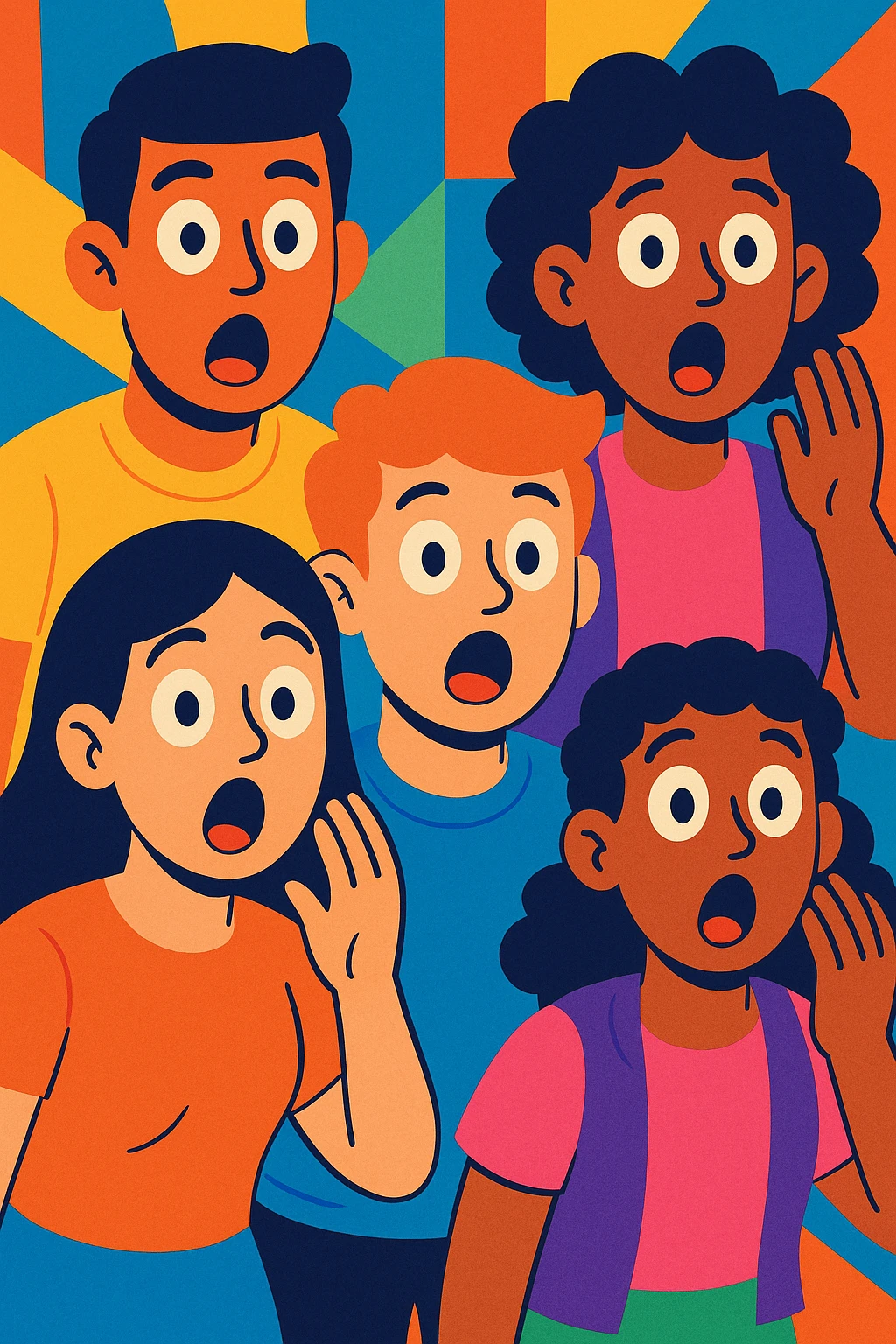 a group of young people showing surprise, colorful illustration style emoji