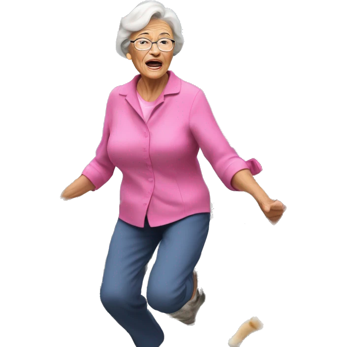 Grandmother climbing mount everest wearing a pink blouse followed by hundreds of cats and grandchildren, as she throws food rations down to them to help them push forth, their faces showing visible exertion. emoji