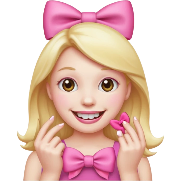 smiling emoji with a pink bow on head and hand placed on the teeth emoji