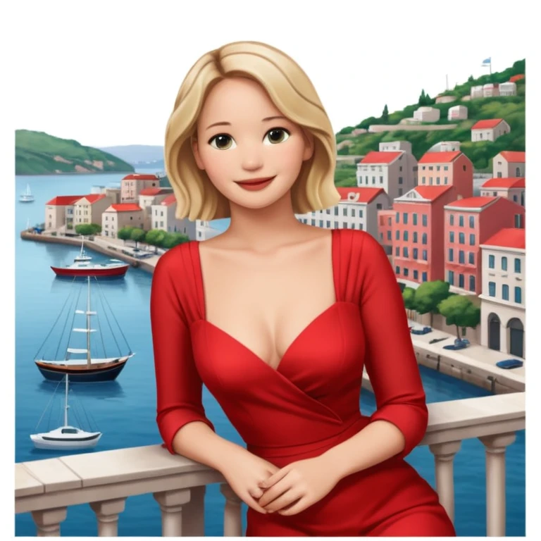 jennifer lawrence, red dress leaning on a balcony with a harbor and cityscape in the background, smiling, closeup emoji