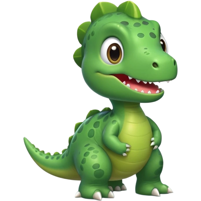 Cute green dinosaur emoji with round body, big eyes, small arms, soft shadows, smooth outlines, glossy finish, friendly smile, simple flat design, high-detail yet minimal style, perfect for emoji set, transparent background emoji