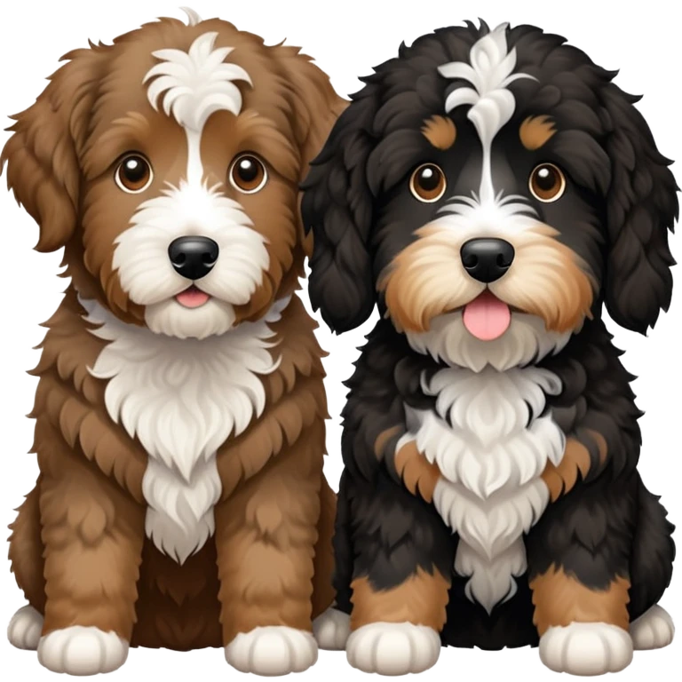 2 dogs: one light brown Aussiedoodle, one all-black Bernedoodle with white eyebrows some white markings, no brown coloring. Both same size. emoji