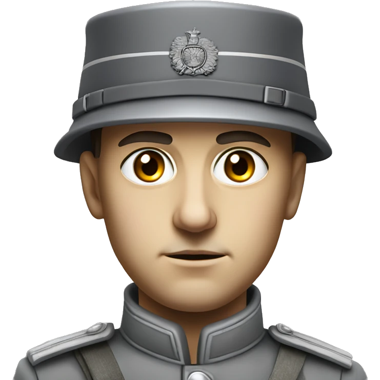 serious german soldier the middle of the XX century photorealistic gray uniform detailed face with wrinkles, closed mouth, small eyes  emoji