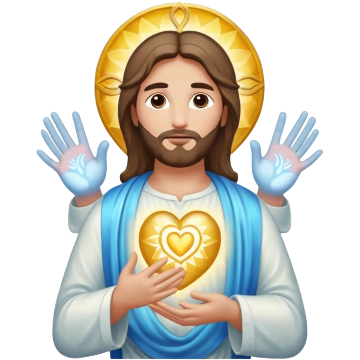 Christ Guardian of Mind, compassionate protector with glowing aura, one hand over heart and other extended outward, ethereal patterns representing thought and clarity, iOS emoji style emoji