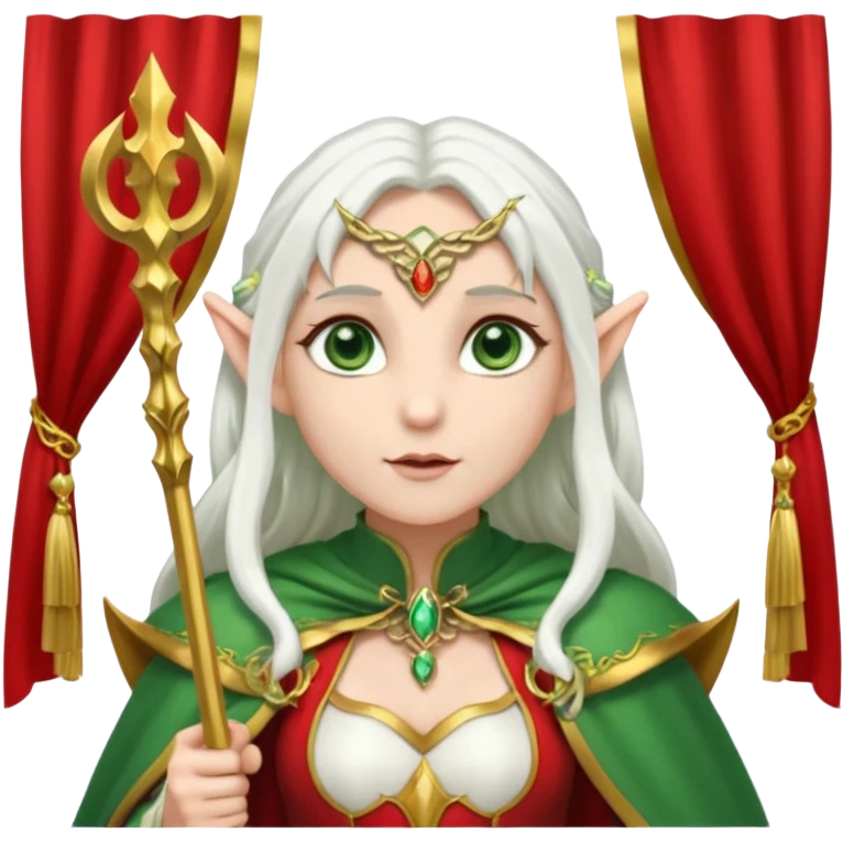 an elf with very white hair and two long pigtails on the side of her head, she has a curtain bang, green eyes, she has a white cape with golden borders and a scepter with a red orb, she has earrings that look like red drops emoji