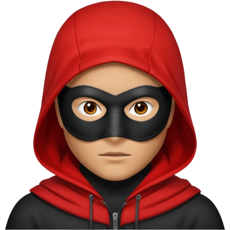 Q person with a red hood on and a black mask with a white square in the middle  emoji
