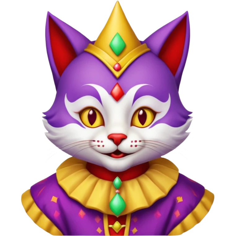 crazy colorful cute little cat jolly joker from poker, medieval, vintage, court jester, mac os icon, purple, yellow and red color, half body emoji