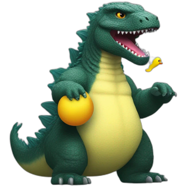 Godzilla playing with a rubber duck emoji