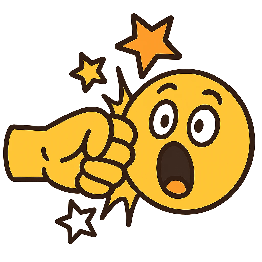 flat-toon style dramatic punch scene with yellow emoji fist hitting yellow emoji face, face has shocked expression, squished cheek, comic stars, smooth bold outlines emoji