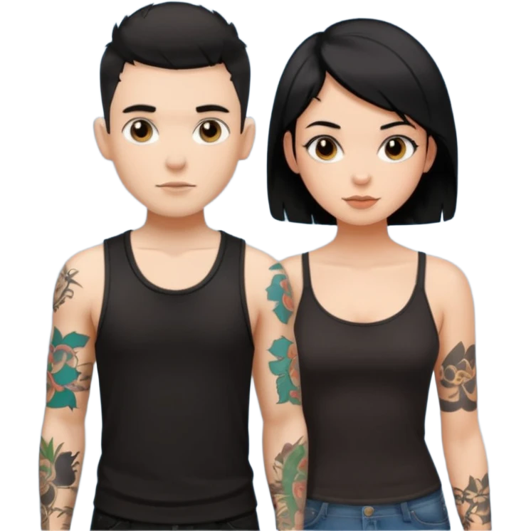 generate a fair boy with messy black hair, tattoos. standing beside a fair black haired girl wearing a black cami top and a boy with a buzz cut  emoji
