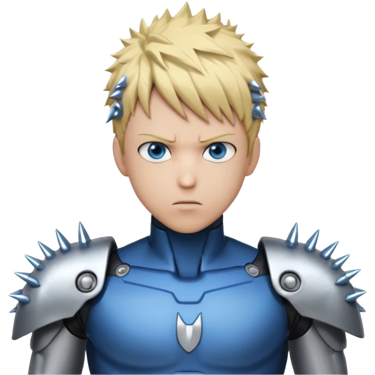 Genos from One Punch Man, android cyborg with spiky blond hair, metallic arms, intense eyes, compact and expressive, no text emoji
