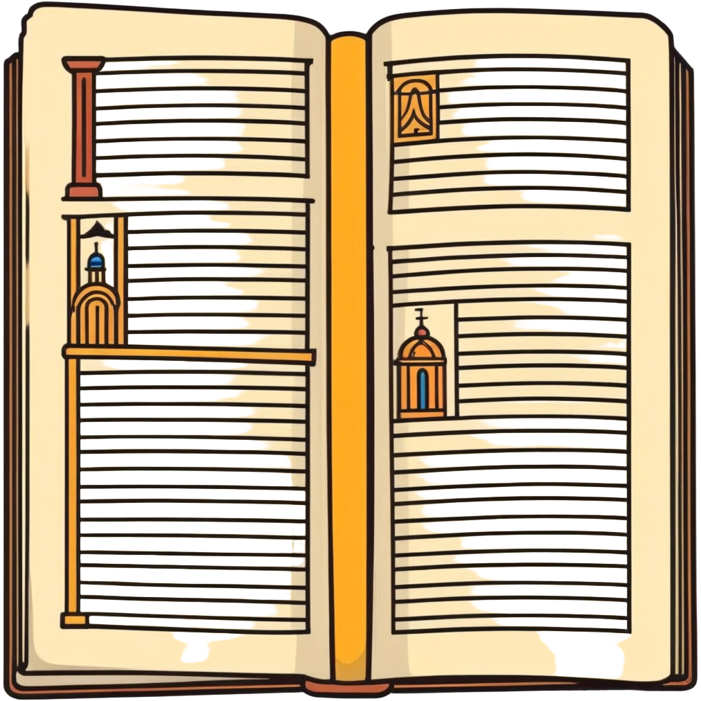 Ancient manuscript with Babel translation dictionary emoji