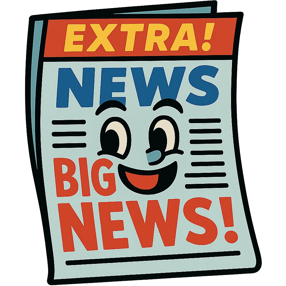 cartoon newspaper with exaggerated headlines and a smiling face emoji