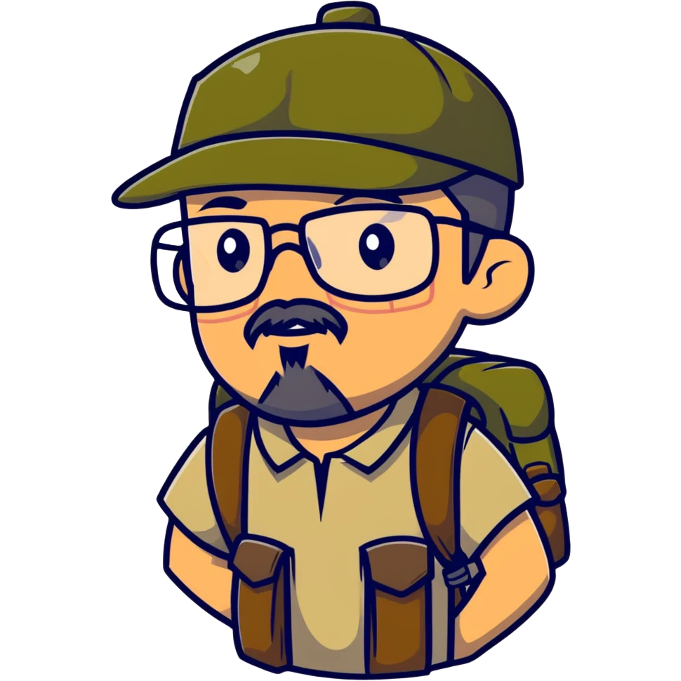 adventurer with goatee beard (no beard on cheeks), short hair, glasses, backwards military tan cap and backpack emoji