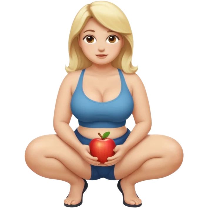 curvy blonde woman, front view, squatting and sitting, friendly expression, SFW, no explicit content, apple emoji style emoji