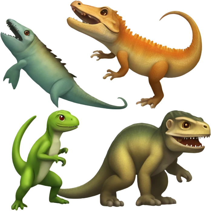 Evolution to fish to Onchopristis to lizard to dimetrodon to dinosaur to monkey to human emoji
