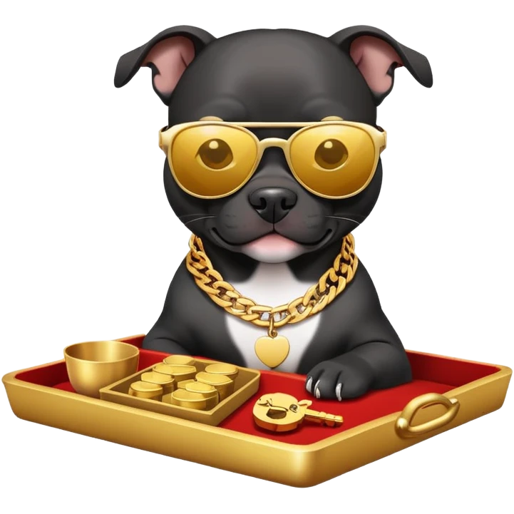 Black pitbull with sunglasses holding a golden tray to put keys on, kind of like one of those Chinese lucky cats but instead a pitbull emoji