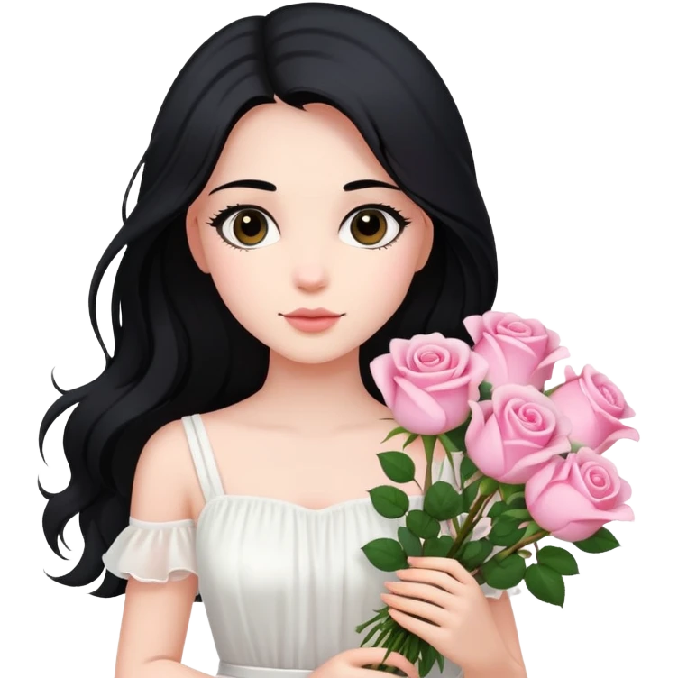 A beautiful girl with long black hair and a white dress is holding a bouquet of pink roses emoji
