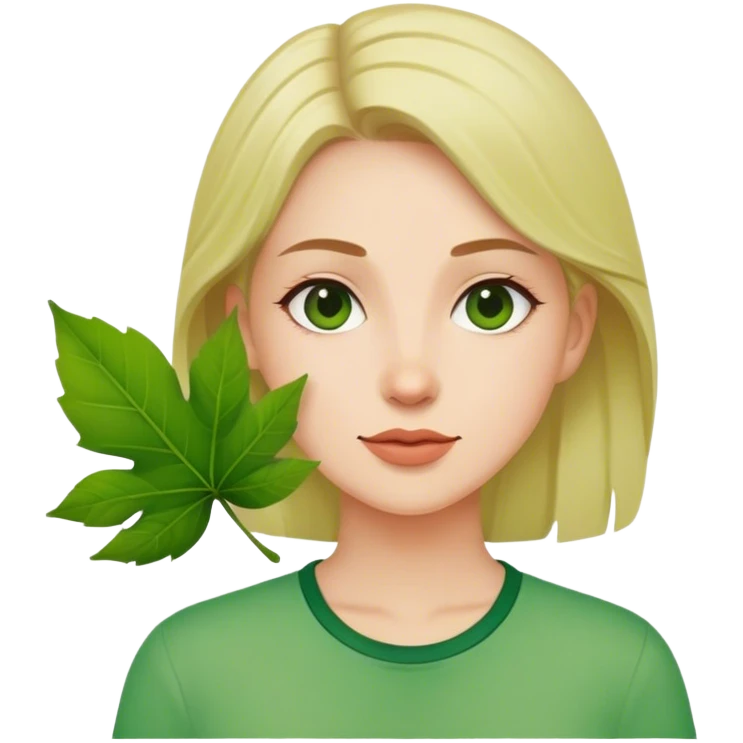 woman in green shirt with leaf emoji