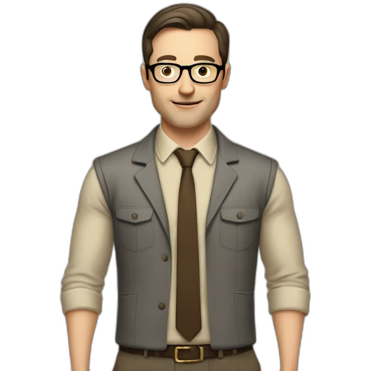 To belt Actively gesturing with hands Pale skinned fit man with dark brown hair in gray jacket, beige office shirt, brown tie, brown pants and vintage glasses. emoji