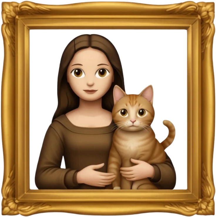 gold frame, painting, Mona Lisa in brown clothes, with cat emoji