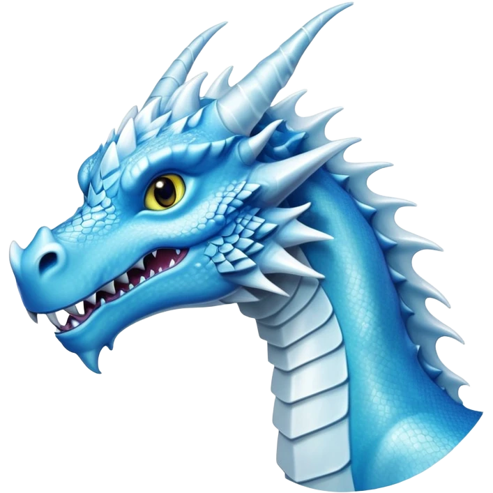 Cinematic Noble elegant Ice Dragon Portrait Emoji, Poised and imposing, distinct long elegant snout, with a slender, scaled body shimmering in glacial hues of icy blue, frostbitten silver, and crystalline white, breathing out frost, with piercing, glowing eyes that radiate the chilling depths of an arctic storm; rendered in detail. emoji