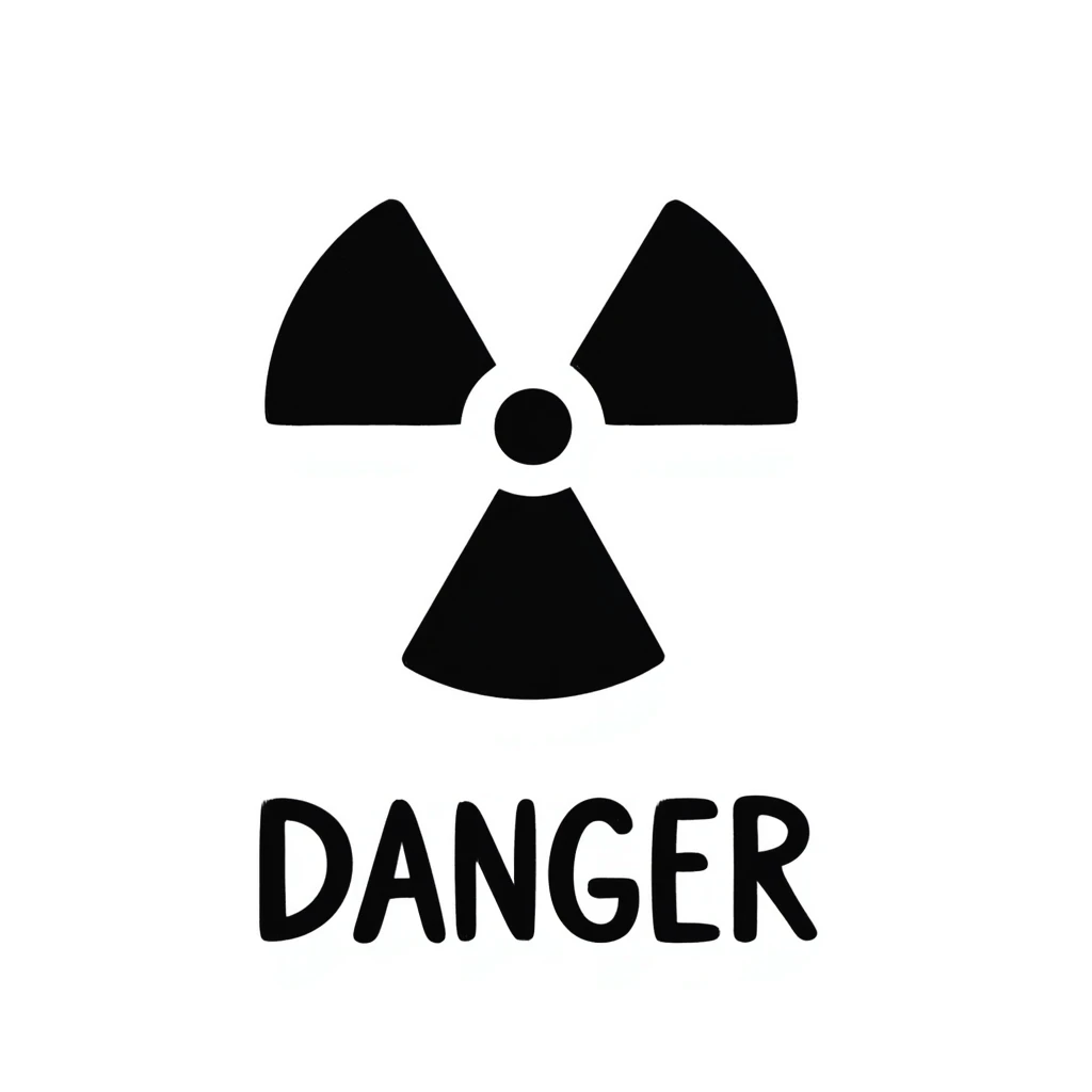 Hand-drawn radiation warning trefoil symbol with hazard text emoji