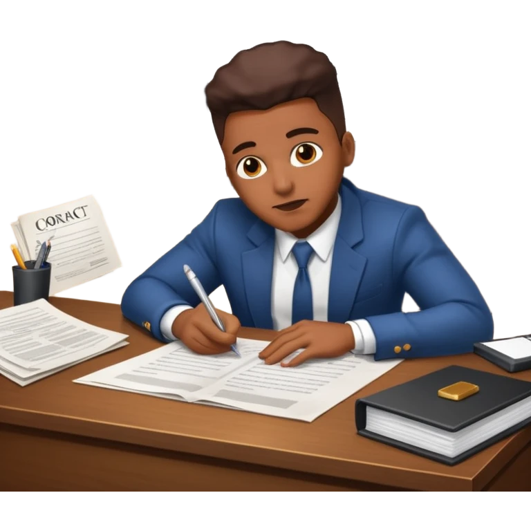 Hip hop music record company executive in office sitting at desk with contract on top of desk emoji