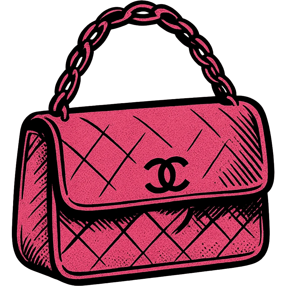 pink Chanel purse, bold lines, vintage look, old school comic book style emoji