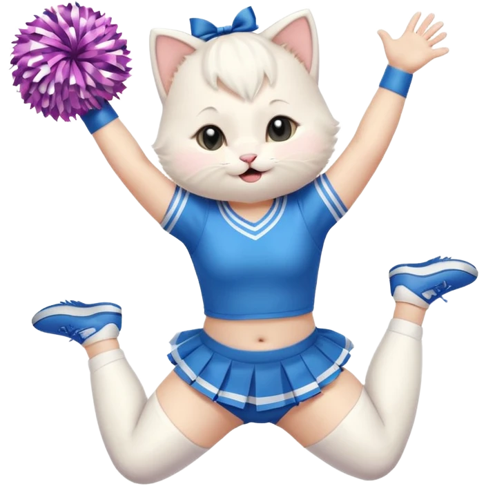 A chubby white kitten cheerleader in pastel uniform jumping in cheer pose. emoji