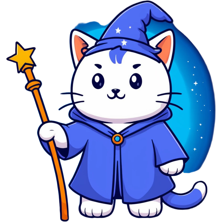 Mystical cat wizard with starry blue robes and glowing magic staff emoji