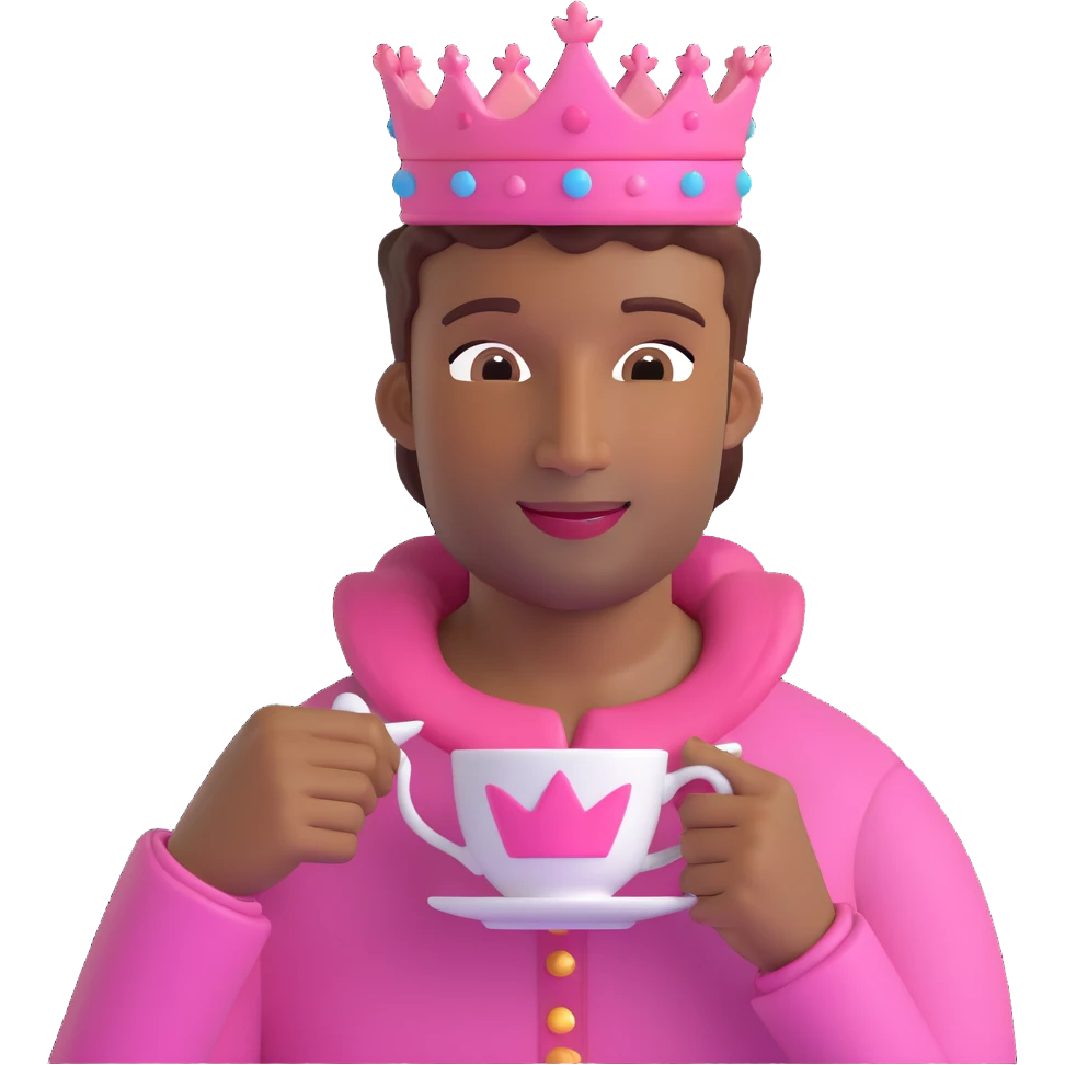 emoji of a brown-skinned man with a pink crown, sipping tea, gentle smile emoji