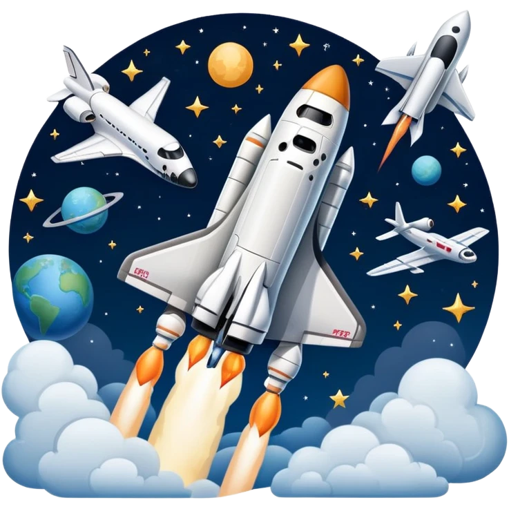 An icon featuring a space shuttle and an airplane against a starry sky, symbolizing aerospace technology. The design includes rocket boosters and satellite orbits, representing the exploration of space and advanced aviation. Transparent background emoji