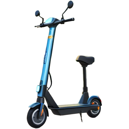 An icon featuring a sleek electric scooter parked on a scenic path. The background showcases a vibrant city park with green trees, flowers, and a clear blue sky. The sun sets in the distance, casting a warm golden glow on the landscape. Transparent background emoji