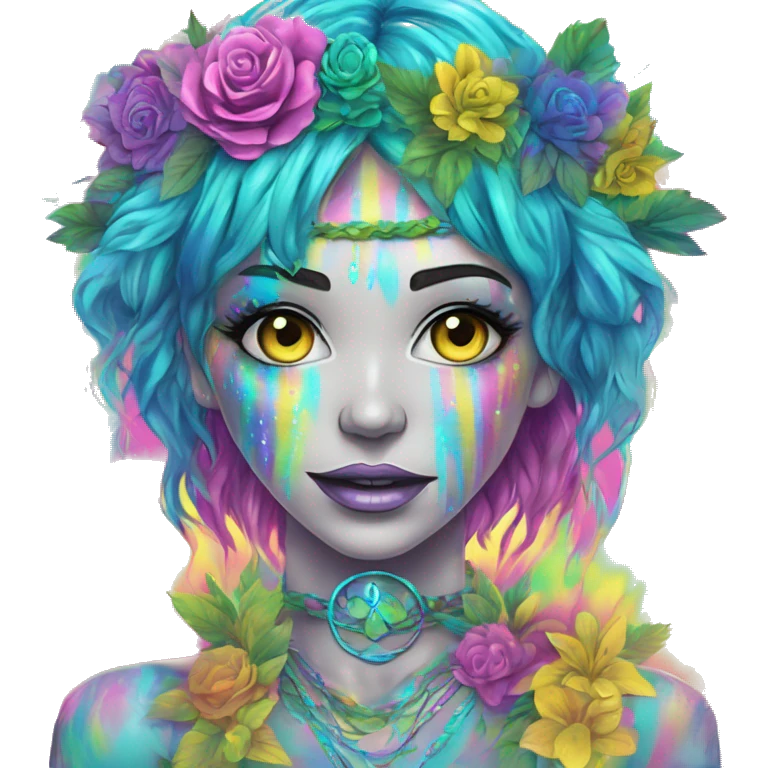 420 Tie dye hippie person flower crown tattoos hemp leaves metallic iridescent holographic blue cyan green pink yellow hazard stripes dark colours emoji