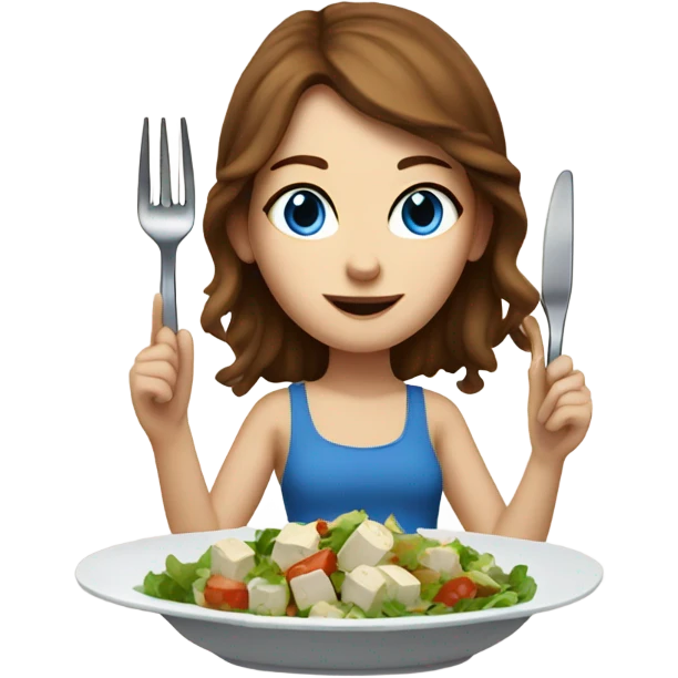 White girl with freackles Brown hair blue eyes eating Tofu salad with fork emoji